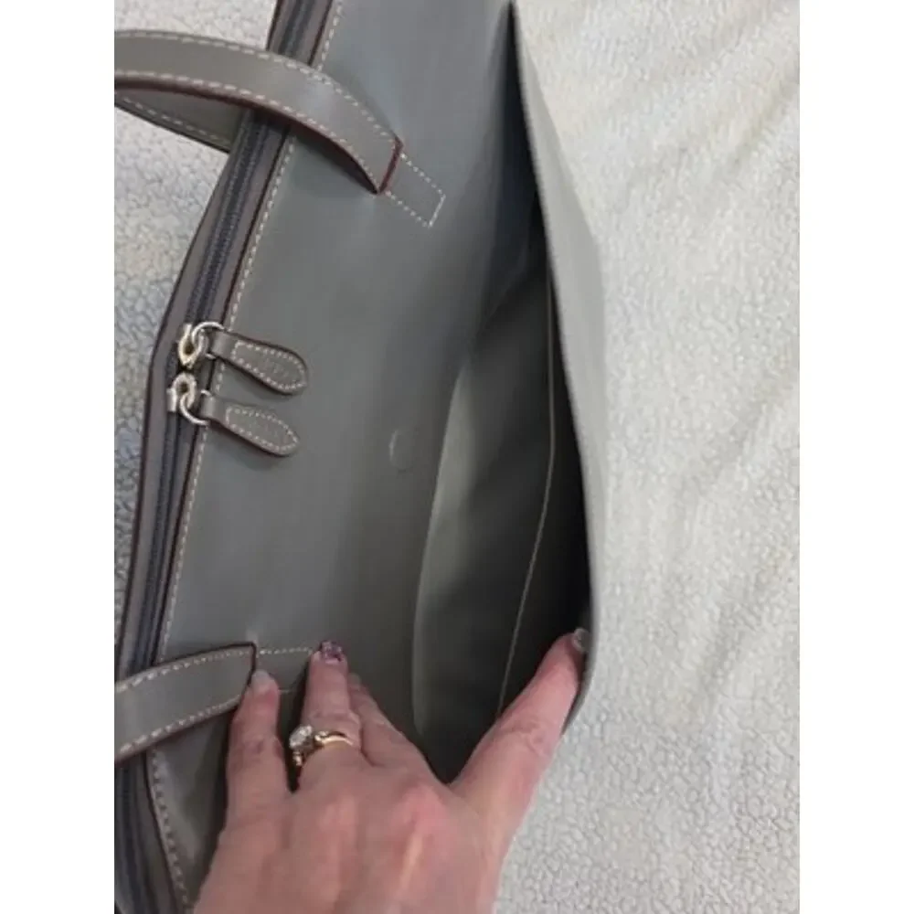 LODIS Leather Briefcase Laptop Work Tote Organizer Double Handles Gray Brown EUC
